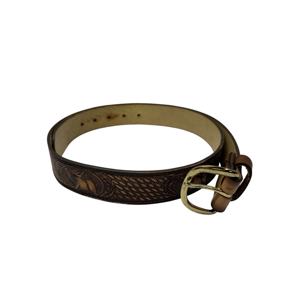Brushy Creek Leather Belt Mens 40 Brown Tooled Elk Basketweave Made in USA